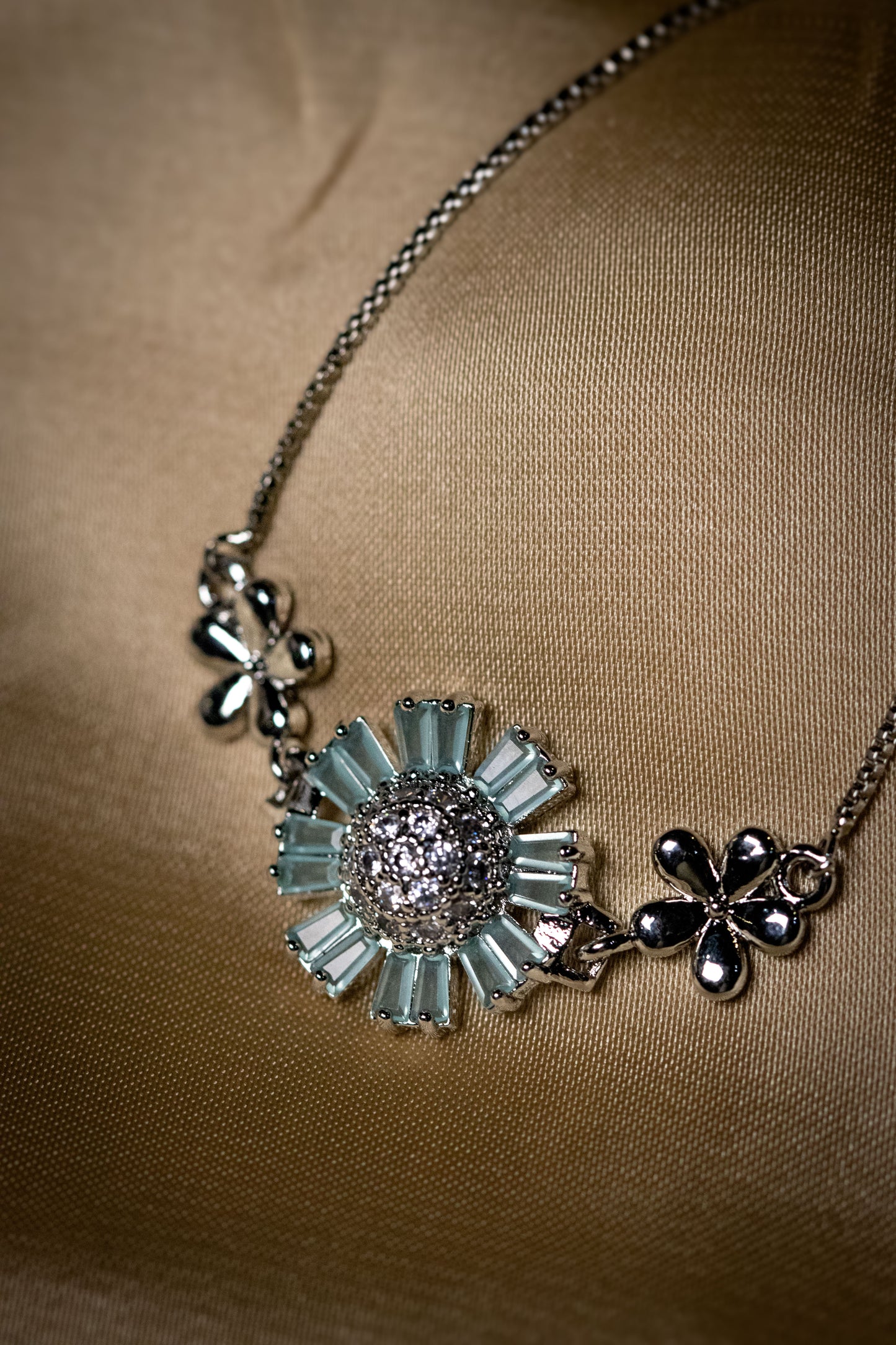 Floral Silver Bracelet with Aqua Blue Stones | Elegant Crystal-Studded Jewelry