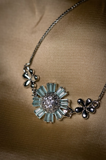 Floral Silver Bracelet with Aqua Blue Stones | Elegant Crystal-Studded Jewelry