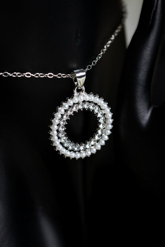 Radiant Pearl & Crystal Circle Necklace Set | Pendant & Earrings