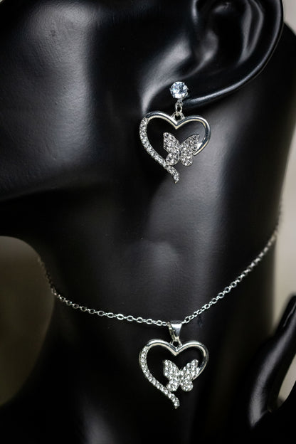 Radiant Heart & Butterfly Crystal Jewelry Set | Necklace & Earrings
