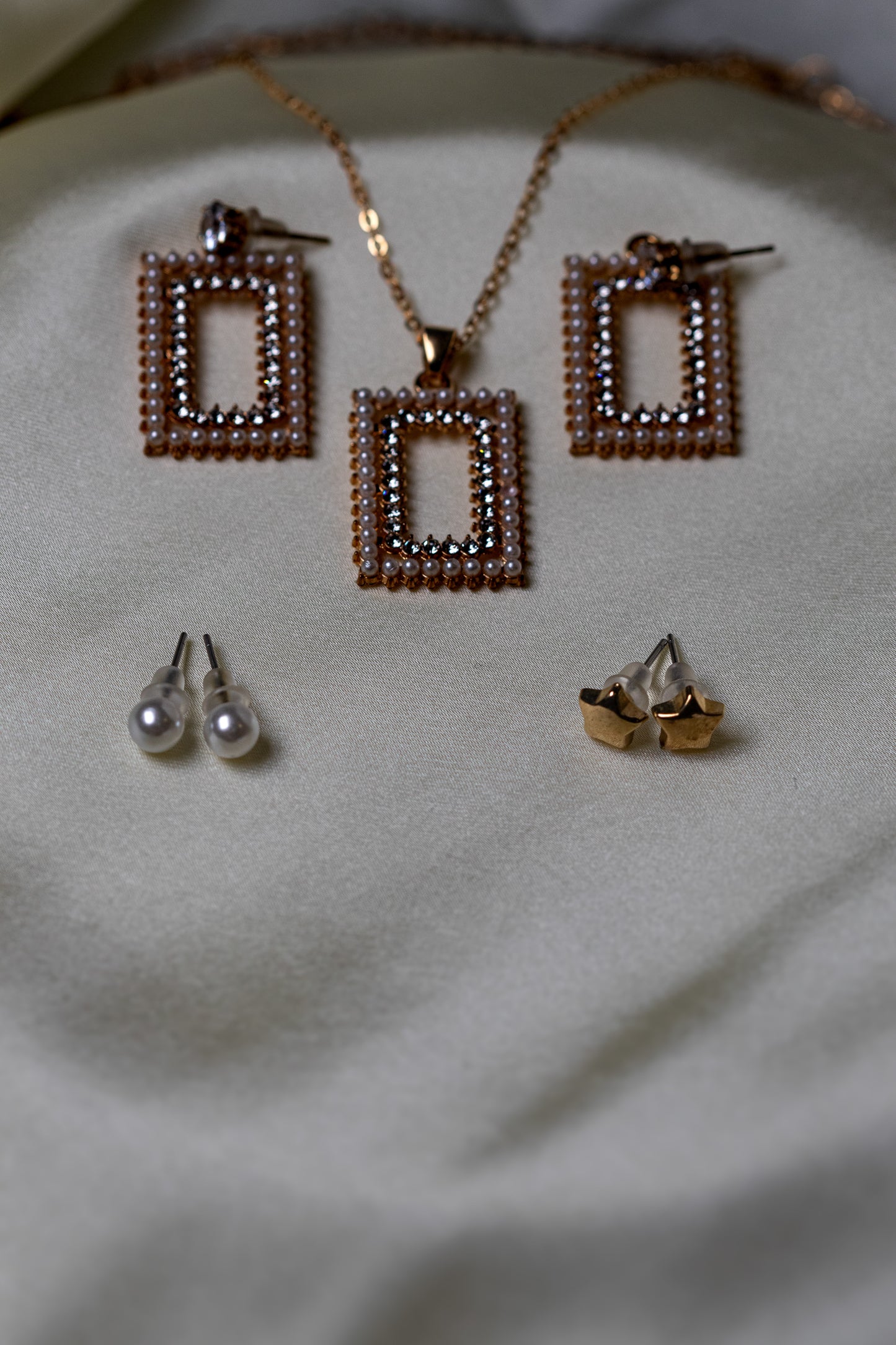 Rectangular Pearl & Crystal Necklace Set | Pendant & Earrings