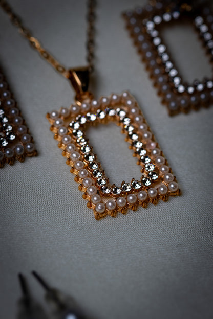 Rectangular Pearl & Crystal Necklace Set | Pendant & Earrings