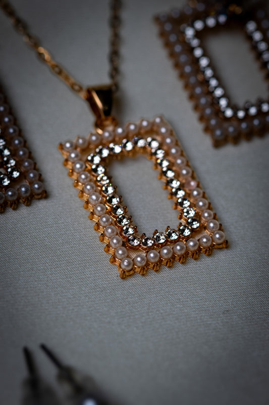 Rectangular Pearl & Crystal Necklace Set | Pendant & Earrings