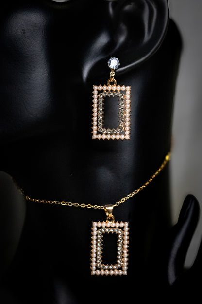 Rectangular Pearl & Crystal Necklace Set | Pendant & Earrings