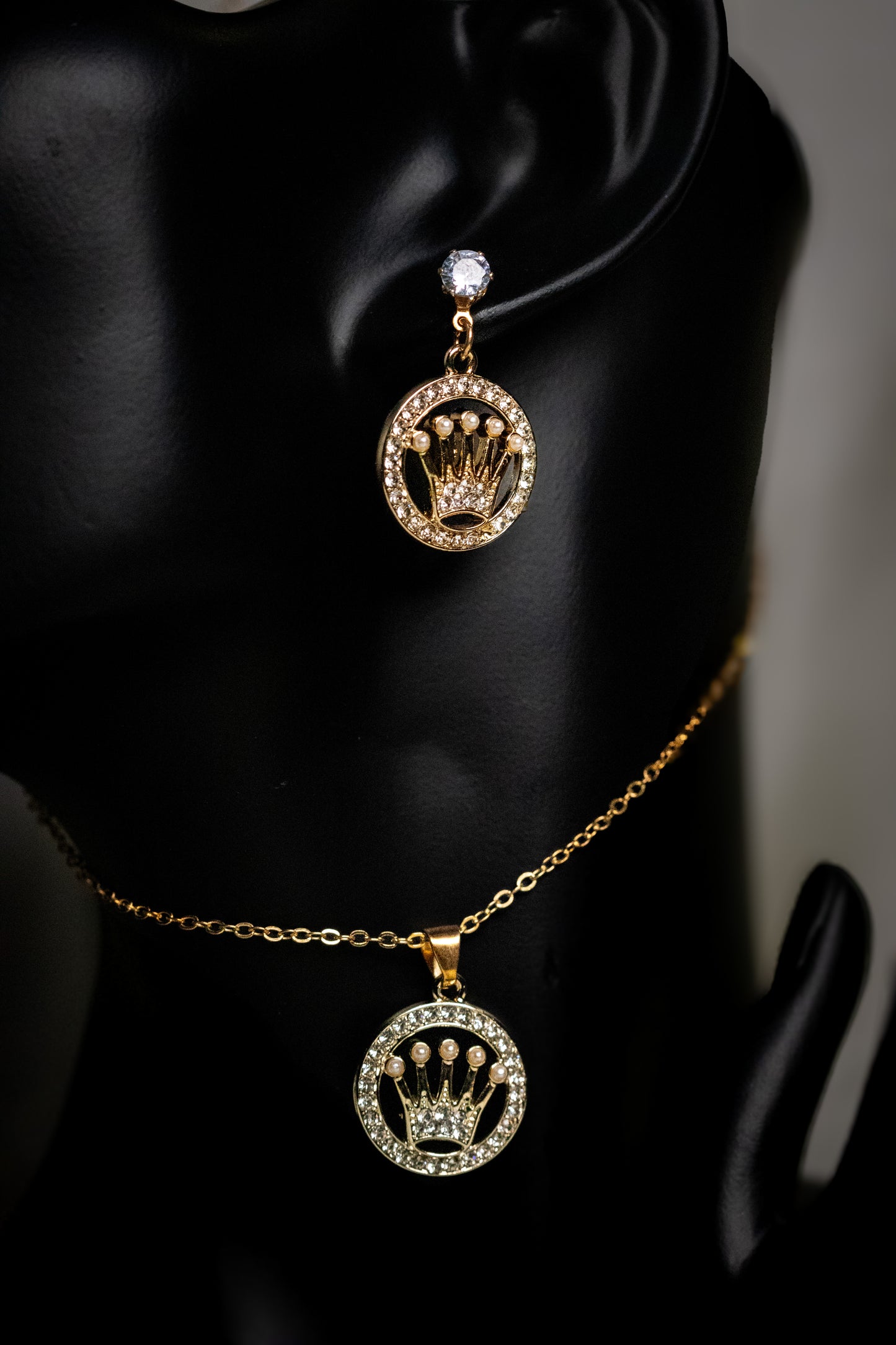 Royal Crown Pendant Necklace Set | Crystal & Pearl Embellished Jewelry