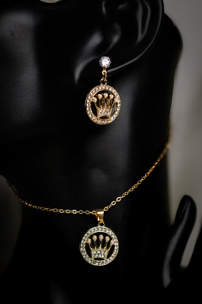 Royal Crown Pendant Necklace Set | Crystal & Pearl Embellished Jewelry