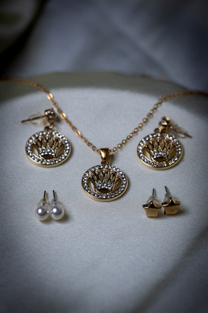 Royal Crown Pendant Necklace Set | Crystal & Pearl Embellished Jewelry