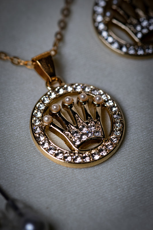Royal Crown Pendant Necklace Set | Crystal & Pearl Embellished Jewelry