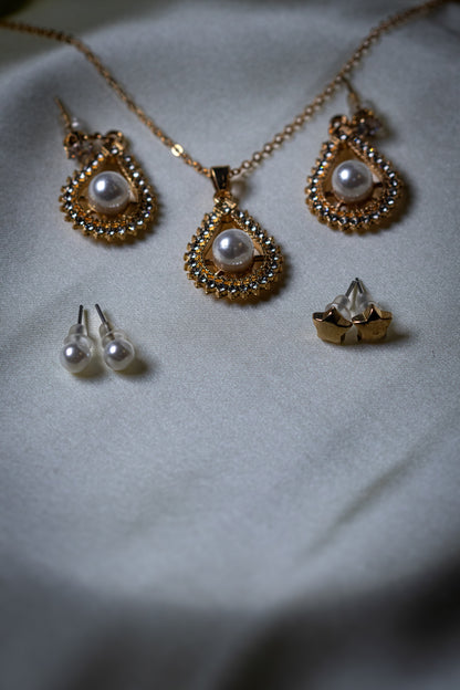 Golden Teardrop Pearl Jewelry Set | Crystal Studded Necklace & Earrings