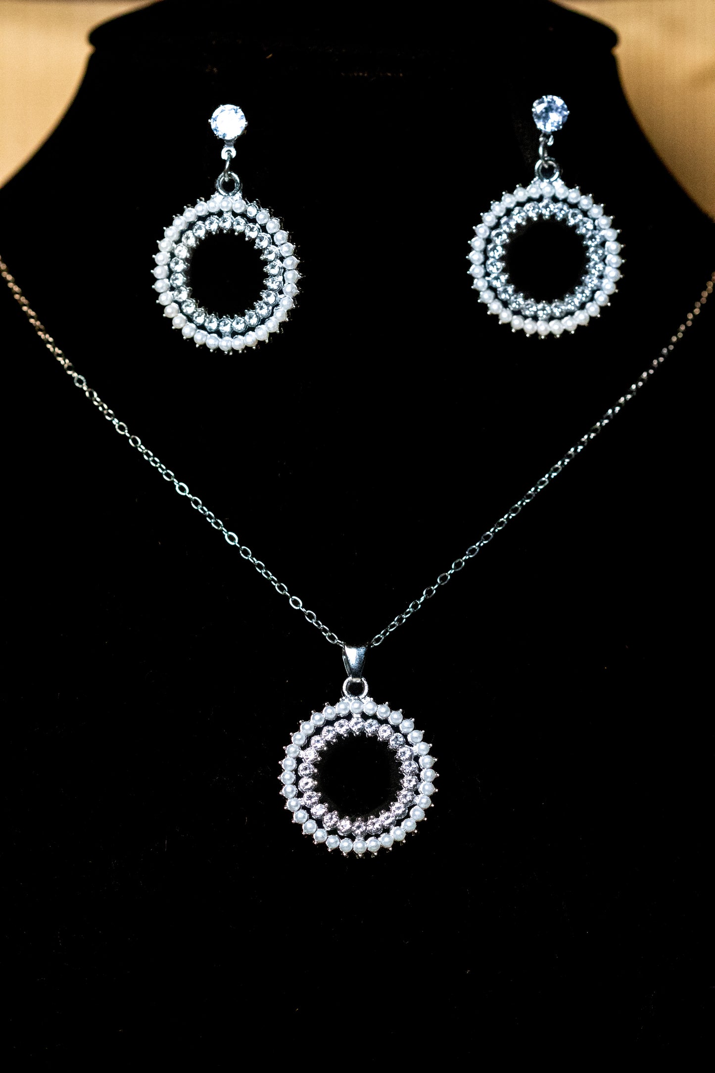 Radiant Pearl & Crystal Circle Necklace Set | Pendant & Earrings