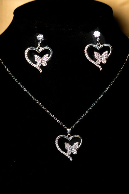 Radiant Heart & Butterfly Crystal Jewelry Set | Necklace & Earrings